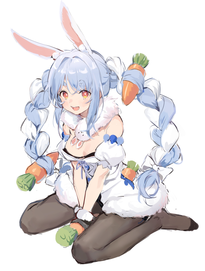 1girl :d animal_ear_fluff animal_ears bare_shoulders black_gloves black_legwear blush braid breasts bunny_girl bunnysuit carrot carrot_hair_ornament detached_sleeves eyebrows eyebrows_visible_through_hair food_themed_hair_ornament fur_trim gloves hair_ornament hololive looking_at_viewer mamemena medium_breasts multicolored_hair no_shoes open_mouth pantyhose red_eyes simple_background sitting sleeves smile solo teeth thick_eyebrows twin_braids usada_pekora virtual_youtuber wariza