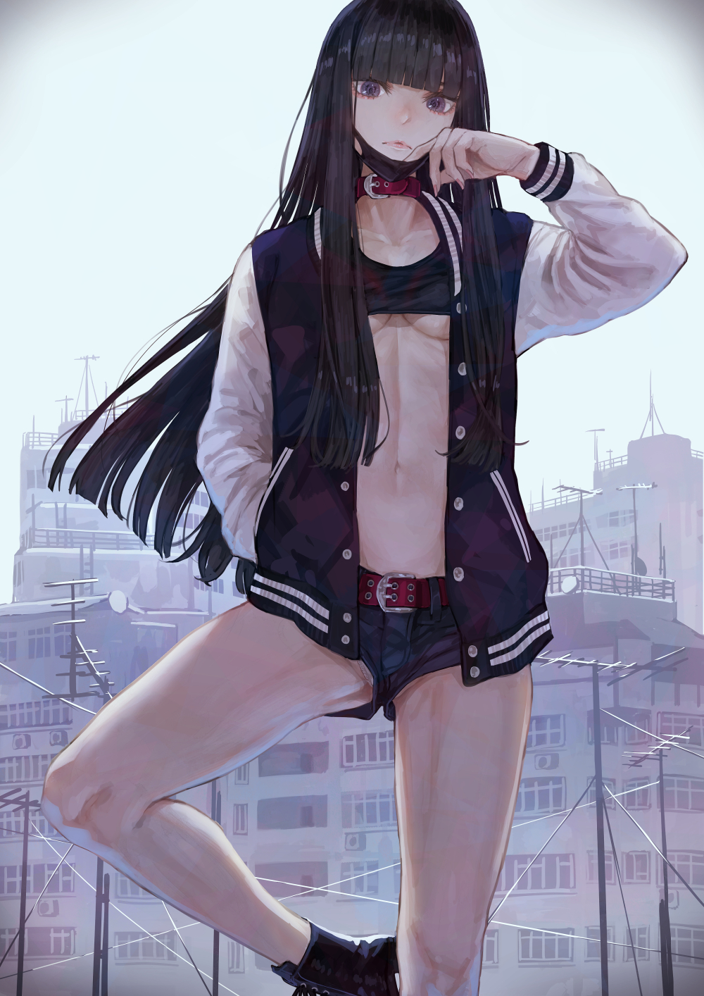 1girl adjusting_mask bangs belt black_hair blunt_bangs breasts camisole cityscape collar day hand_in_pocket highres jacket letterman_jacket long_hair looking_at_viewer mask mouth_mask open_clothes open_jacket original outdoors panties panty_peek purple_eyes short_shorts shorts solo standing standing_on_one_leg surgical_mask underboob underwear vignetting white_panties yasukura_(shibu11)