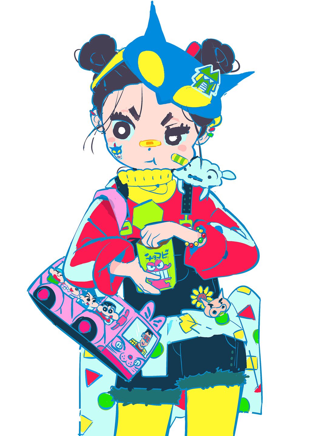 1girl bag bandaid bead_bracelet beads black_eyes black_hair blue_overalls blush_stickers bracelet bright_pupils character_request closed_mouth clothes_around_waist crayon_shin-chan dot_nose double_bun ear_piercing eating flat_color flower forehead frayed_clothes half-closed_eye highres inhye jewelry layered_clothing long_sleeves looking_away looking_to_the_side mask mask_on_head on_shoulder original overalls piercing red_shirt shirt short_eyebrows simple_background solo sticker stitches sunflower thick_eyebrows translation_request v-shaped_eyebrows white_background white_pupils