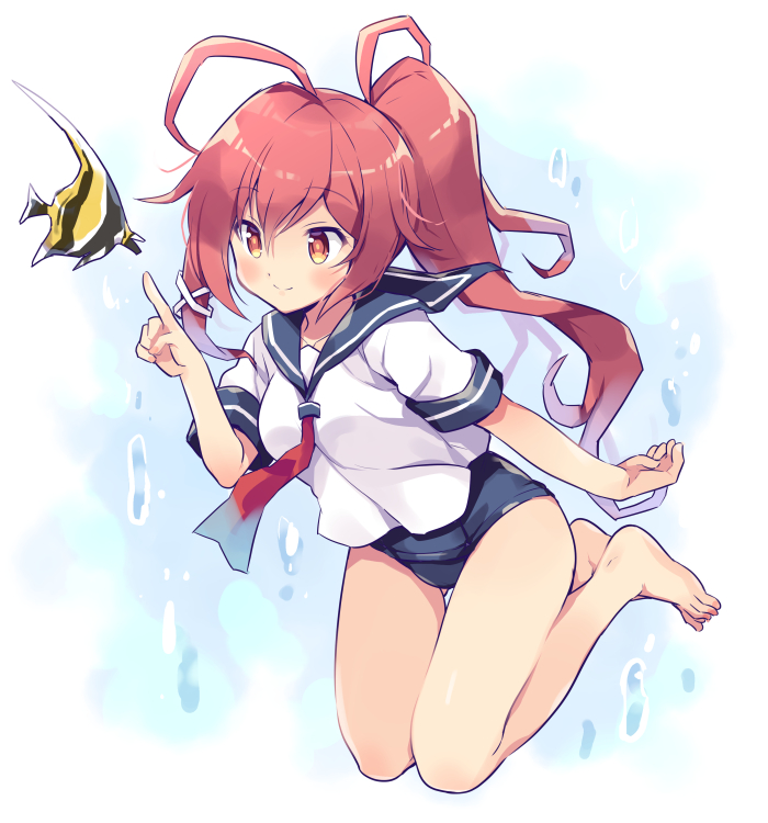 1girl animal bare_legs barefoot black_swimsuit blue_sailor_collar blush closed_mouth collarbone eyebrows_visible_through_hair fish gradient_hair hair_between_eyes i-168_(kantai_collection) kantai_collection long_hair multicolored_hair neckerchief odawara_hakone ponytail red_hair red_neckwear sailor_collar school_swimsuit school_uniform serafuku short_sleeves simple_background smile solo swimsuit swimsuit_under_clothes toes white_background yellow_eyes