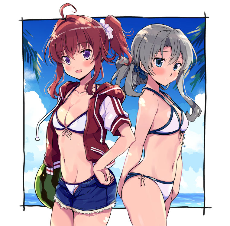 2girls :d ahoge alternate_costume arashi_(kantai_collection) asymmetrical_hair bikini blue_eyes blue_shorts blush breasts cleavage cloud cloudy_sky collarbone cowboy_shot dated day denim denim_shorts eyebrows_visible_through_hair food from_side fruit groin hair_between_eyes kantai_collection long_hair multiple_girls navel nowaki_(kantai_collection) ocean odawara_hakone open_mouth purple_eyes red_hair scrunchie short_hair short_sleeves shorts silver_hair sky small_breasts smile swimsuit twitter_username watermelon white_bikini white_scrunchie