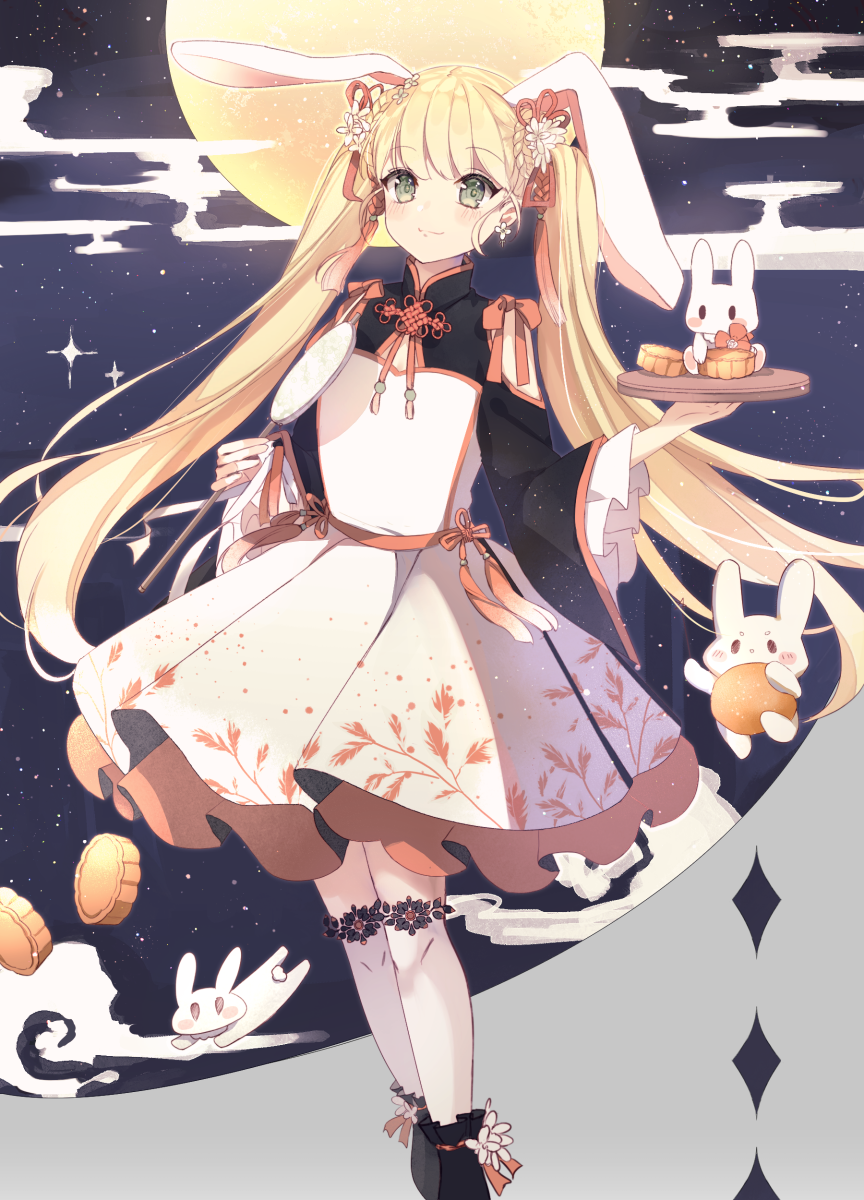 1girl animal animal_ears black_footwear black_shirt blonde_hair blush bunny bunny_ears closed_mouth commentary_request dress egasumi flower full_moon green_eyes hair_flower hair_ornament hair_ribbon highres holding holding_tray long_hair long_sleeves looking_at_viewer mid-autumn_festival moon night night_sky official_art original over-kneehighs pleated_dress red_ribbon ribbon shirt sky smile solo star_(sky) starry_sky thighhighs tray twintails very_long_hair white_dress white_flower white_legwear wide_sleeves yuizayomiya zhongqiu_jie