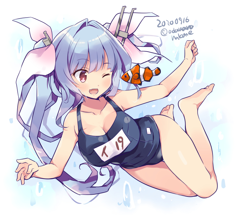 1girl blue_hair blue_swimsuit breasts cleavage clownfish dated fang fish freediving full_body hair_ribbon i-19_(kantai_collection) kantai_collection large_breasts long_hair name_tag odawara_hakone one_eye_closed red_eyes ribbon school_swimsuit skin_fang smile star-shaped_pupils star_(symbol) swimsuit symbol-shaped_pupils tri_tails twitter_username underwater