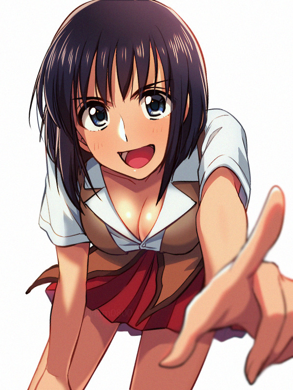 1girl :d bangs black_hair blue_eyes blush breasts brown_vest cleavage commentary_request cowboy_shot dated_commentary large_breasts leaning_forward long_hair looking_at_viewer open_mouth pleated_skirt pointing pointing_at_viewer red_skirt sayshownen school_rumble school_uniform shirt simple_background skirt smile solo suou_mikoto twitter_username vest watermark white_background white_shirt