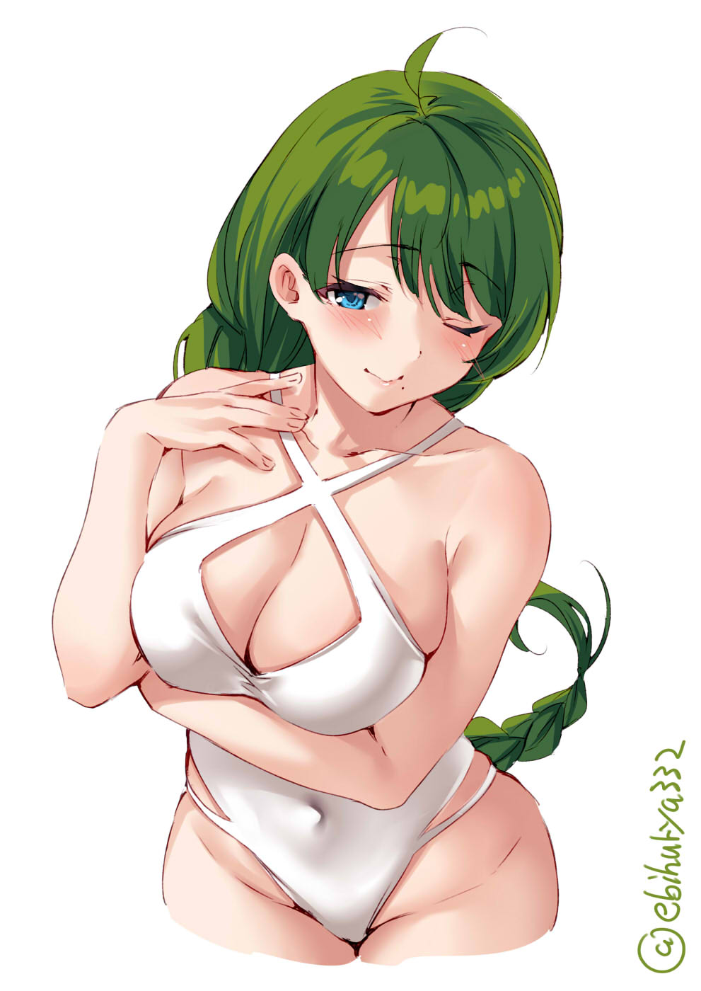 1girl ahoge alternate_costume blue_eyes blush braid breast_hold breasts cleavage collarbone ebifurya eyebrows_visible_through_hair green_hair groin highres kantai_collection large_breasts long_hair mole mole_under_mouth one_eye_closed simple_background single_braid smile solo swimsuit twitter_username very_long_hair white_background white_swimsuit yuugumo_(kantai_collection)