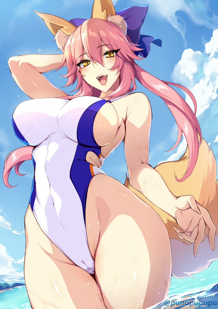 1girl animal_ear_fluff animal_ears bangs bare_shoulders blue_bow blue_sky blue_swimsuit blush bow breasts fate/extra fate_(series) fox_ears fox_girl fox_tail hair_between_eyes hair_bow highleg highleg_swimsuit highres large_breasts long_hair looking_at_viewer ocean one-piece_swimsuit open_mouth pink_hair sidelocks sky smile swimsuit tail tamamo_(fate)_(all) tamamo_no_mae_(fate) thighs twintails two-tone_swimsuit wading white_swimsuit yellow_eyes zeroshiki_kouichi