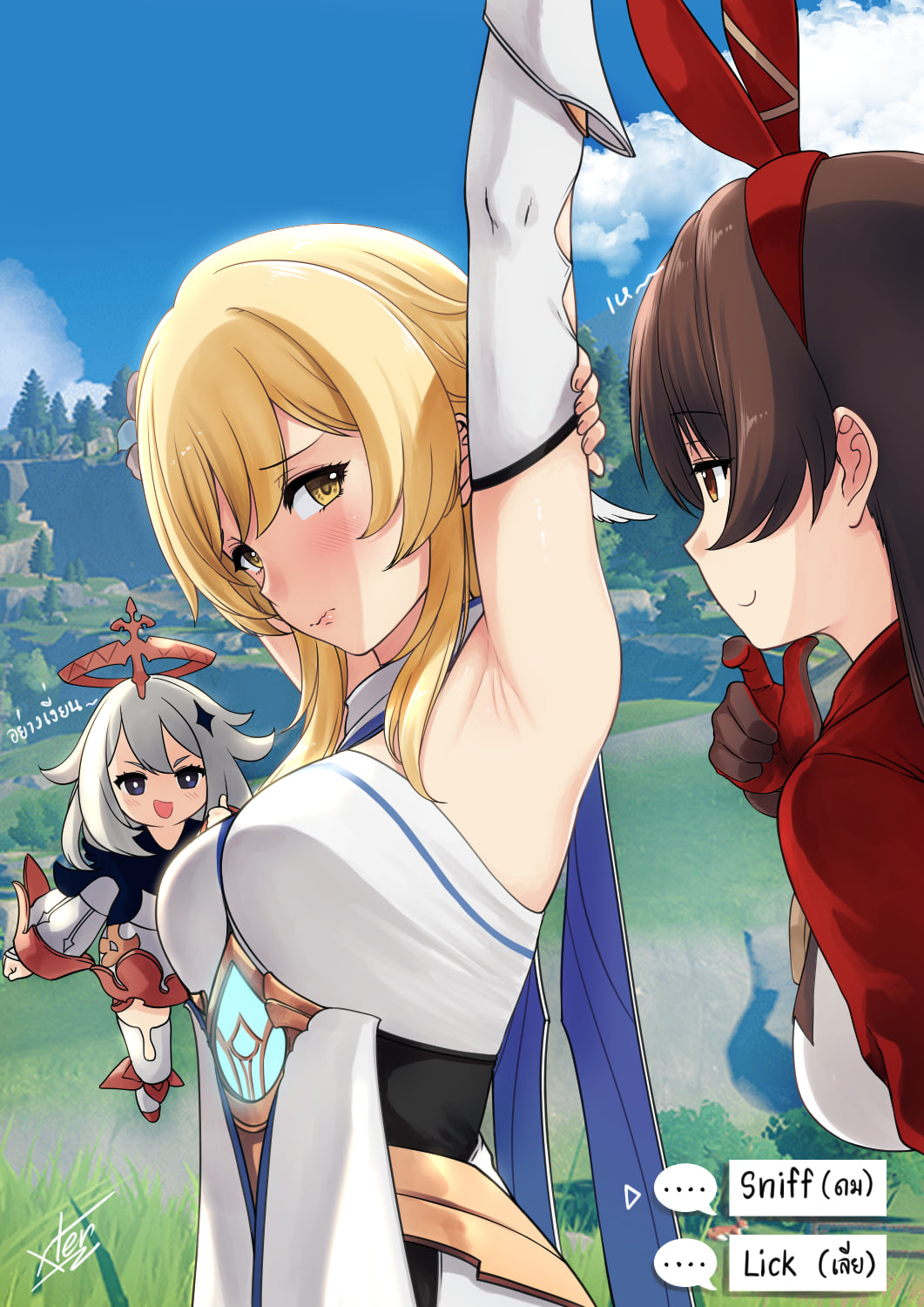 ... 3girls amber_(genshin_impact) armpits arms_up bare_shoulders blonde_hair blue_eyes blush bow breasts brown_hair dress english_text female_traveler_(genshin_impact) genshin_impact grass hair_bow hair_ornament half-closed_eyes highres medium_breasts multiple_girls open_mouth outdoors paimon sleeveless sleeveless_dress smile smug take_your_pick thought_bubble upper_body white_dress xtermination yellow_eyes yuri