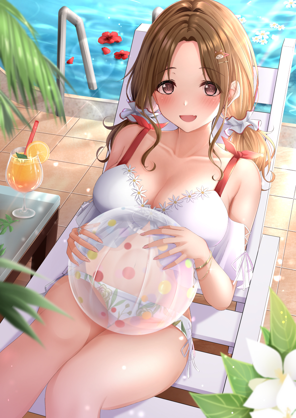 1girl bangs bare_shoulders beach_chair bikini blush breasts brown_eyes brown_hair cleavage collarbone cup drinking_glass flower hair_ornament hairclip highres ichikawa_hinana idolmaster idolmaster_shiny_colors karu_(qqqtyann) large_breasts long_hair looking_at_viewer open_mouth parted_bangs pool smile sunlight swimsuit twintails white_bikini