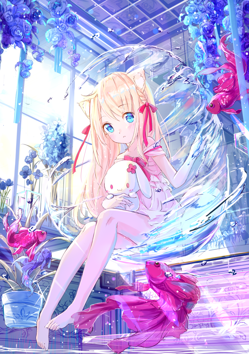 1girl :o animal animal_ear_fluff animal_ears bangs bare_shoulders barefoot blonde_hair blue_eyes blue_flower blush bow braid cat_ears collarbone commentary day dress eyebrows_visible_through_hair fish flower flower_pot full_body hair_bow highres hydrokinesis indoors long_hair looking_at_viewer off-shoulder_dress off_shoulder original parted_lips peas_(peas0125) plant potted_plant red_bow revision solo stuffed_animal stuffed_bunny stuffed_toy vase very_long_hair water white_dress window