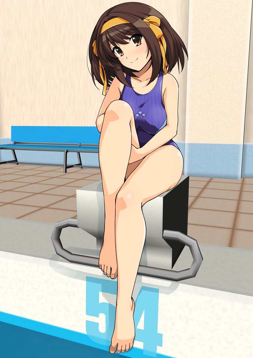 1girl bangs barefoot bench blush breasts brown_eyes brown_hair collarbone commentary_request countdown full_body hairband hands_on_own_thighs haruhisky highres medium_breasts one-piece_swimsuit pool ribbon short_hair sidelocks smile solo suzumiya_haruhi suzumiya_haruhi_no_yuuutsu swimsuit thighs yellow_hairband yellow_ribbon