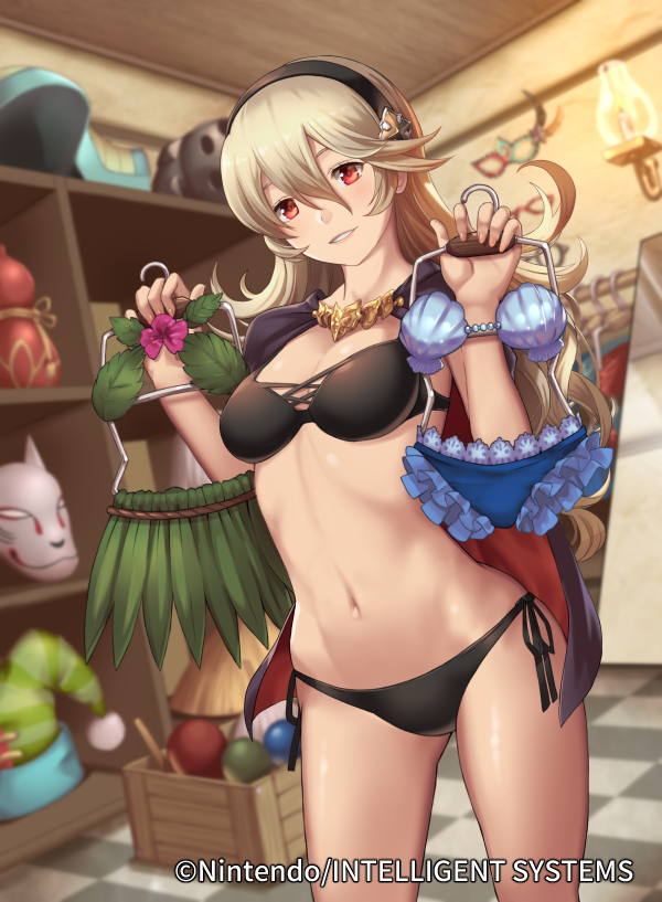 1girl bikini black_bikini breasts brown_hair cape cleavage clothes_hanger corrin_(fire_emblem) corrin_(fire_emblem)_(female) fire_emblem fire_emblem_cipher fire_emblem_fates frilled_bikini frills hairband i-la leaf_bikini leaf_skirt long_hair navel official_art pointy_ears red_eyes shell shell_bikini smile solo standing stomach swimsuit