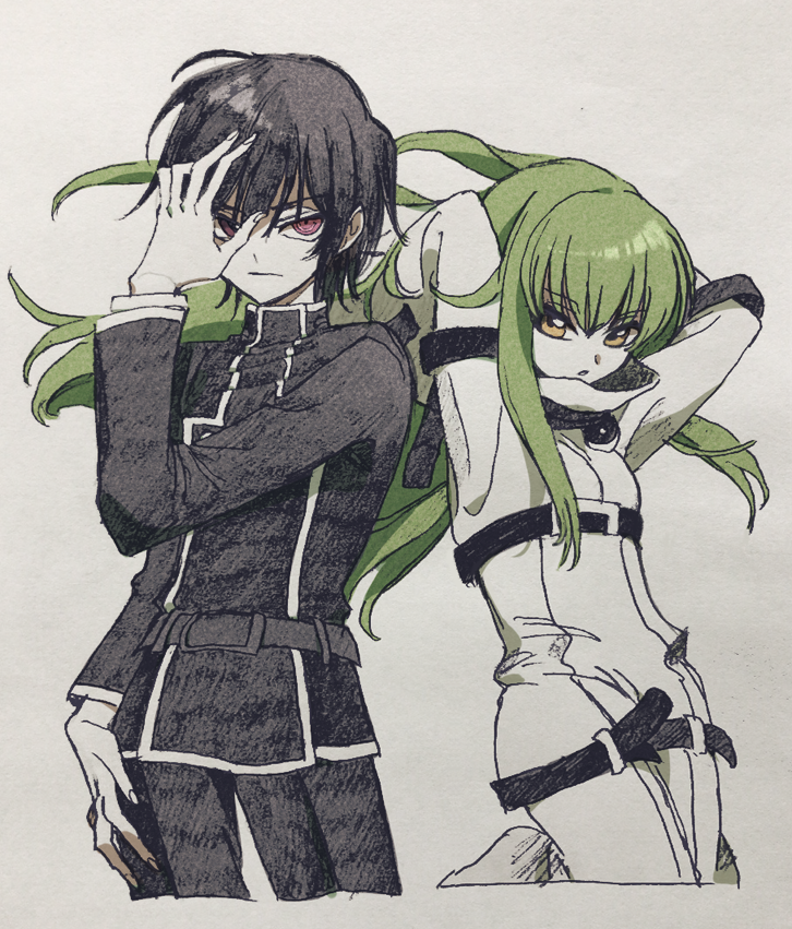 1boy 1girl arms_behind_back ashford_academy_uniform black_jacket black_pants bodysuit c.c. closed_mouth code_geass contrapposto fingernails geass graphite_(medium) green_hair hand_over_eye jacket ka_(marukogedago) lelouch_lamperouge looking_at_viewer mixed_media pants parted_lips red_eyes standing straitjacket traditional_media yellow_eyes