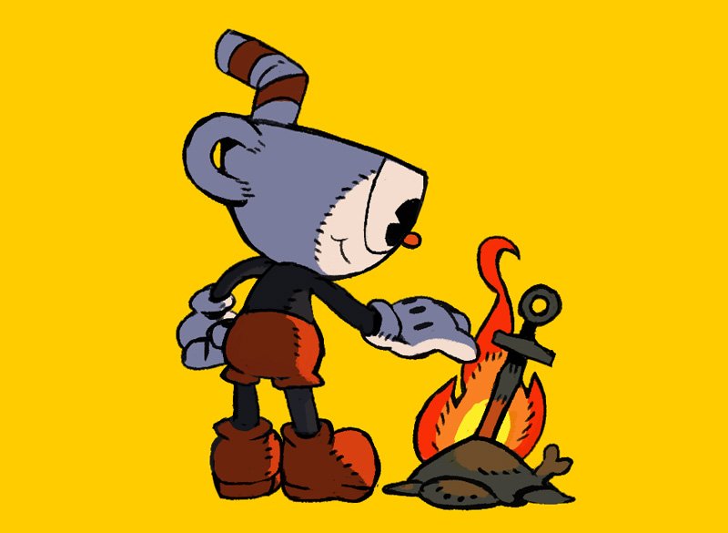 1boy :t bonfire closed_mouth commentary crossover cup cuphead cuphead_(game) dark_souls drinking_straw english_commentary fire gloves niking planted_sword planted_weapon red_footwear red_shorts shorts simple_background smile solo souls_(from_software) sword weapon white_gloves yellow_background