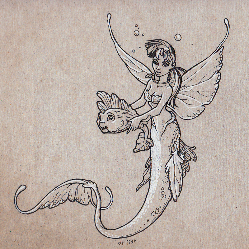 1:1 2020 duo female feral fish gor1ck insect_wings marine merfolk smile traditional_media_(artwork) wings