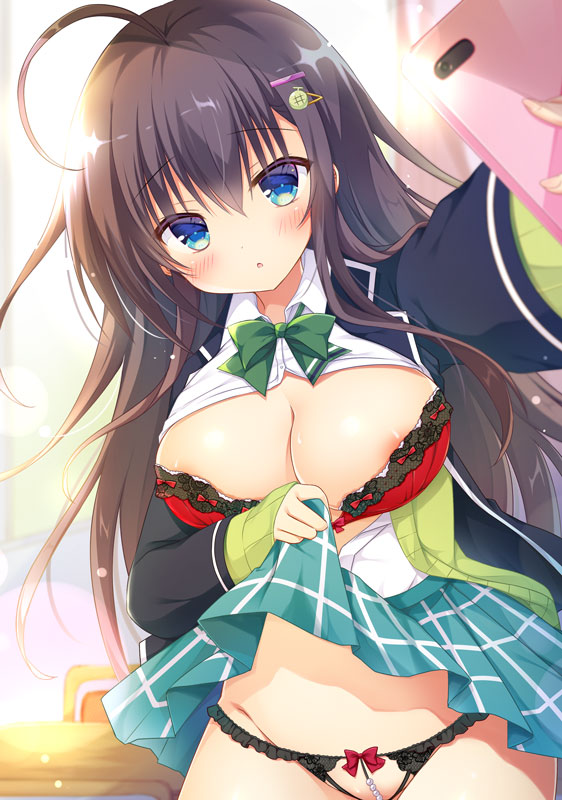 1girl ahoge bangs beads black_hair blazer blue_eyes blush bow bow_panties bra breasts cellphone cellphone_camera classroom crotchless crotchless_panties desk eyebrows_visible_through_hair frilled_bra frilled_panties frills hair_between_eyes hair_ornament hairclip indoors jacket large_breasts long_hair open_clothes open_mouth open_shirt original out_of_frame panties phone picpicgram red_bra school_desk school_uniform self_shot shirt sidelocks skirt skirt_lift smartphone sweater_jacket underwear white_shirt