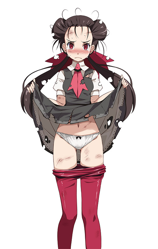 1girl bangs black_bow blush bow bow_panties bruise collar crying crying_with_eyes_open cuts dress dress_lift from_behind frown grey_dress hair_ribbon injury looking_at_viewer messy_hair navel necktie panties pantyhose pantyhose_pull pink_neckwear pokemon pokemon_(game) pokemon_oras red_eyes red_legwear red_ribbon ribbon roxanne_(pokemon) sad short_sleeves simple_background solo tears torn_clothes torn_dress torn_necktie tsukishiro_saika twintails underwear white_background white_collar white_panties