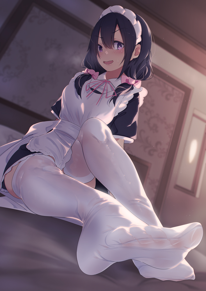 1girl apron black_hair blush breasts breath commentary_request eyebrows_visible_through_hair fang feet heavy_breathing indoors long_hair looking_at_viewer low_twintails maid maid_apron maid_headdress no_shoes open_mouth original pov_feet purple_eyes short_sleeves sitting skin_fang smile soles solo thighhighs toes twintails unimon_e white_legwear