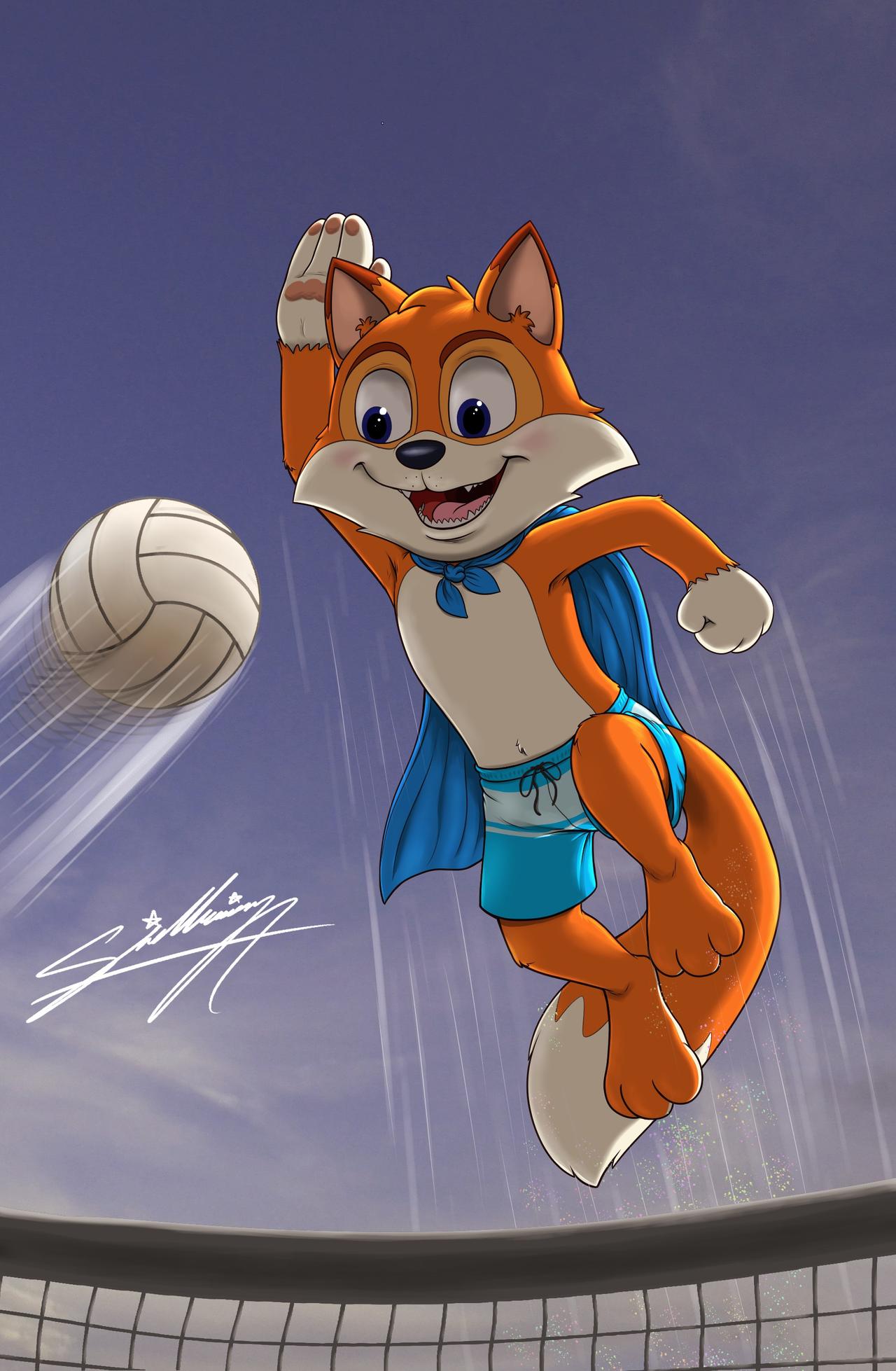 anthro bottomwear canid canine clothing fox hi_res lucky_the_fox male mammal sagadreams shorts solo sport super_lucky's_tale swimming swimming_trunks swimwear volleyball