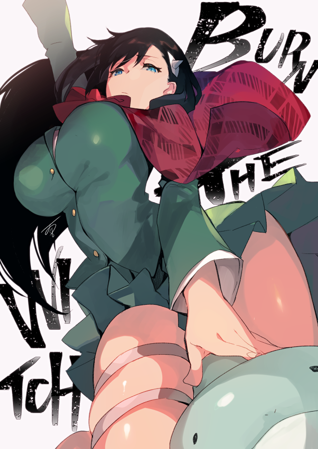 1girl black_hair breasts burn_the_witch copyright_name from_below green_eyes green_shirt green_skirt hair_ornament hyakuhachi_(over3) large_breasts long_hair niihashi_noel shawl shirt simple_background skirt solo thigh_strap thighs white_background