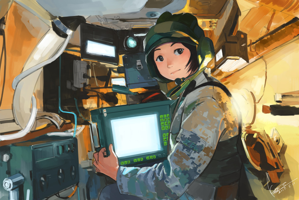 1girl black_eyes black_hair camouflage_jacket closed_mouth dated dated_commentary from_behind headphones looking_at_viewer looking_back microphone original signature sitting solo somehira_katsu tank_interior vehicle_interior