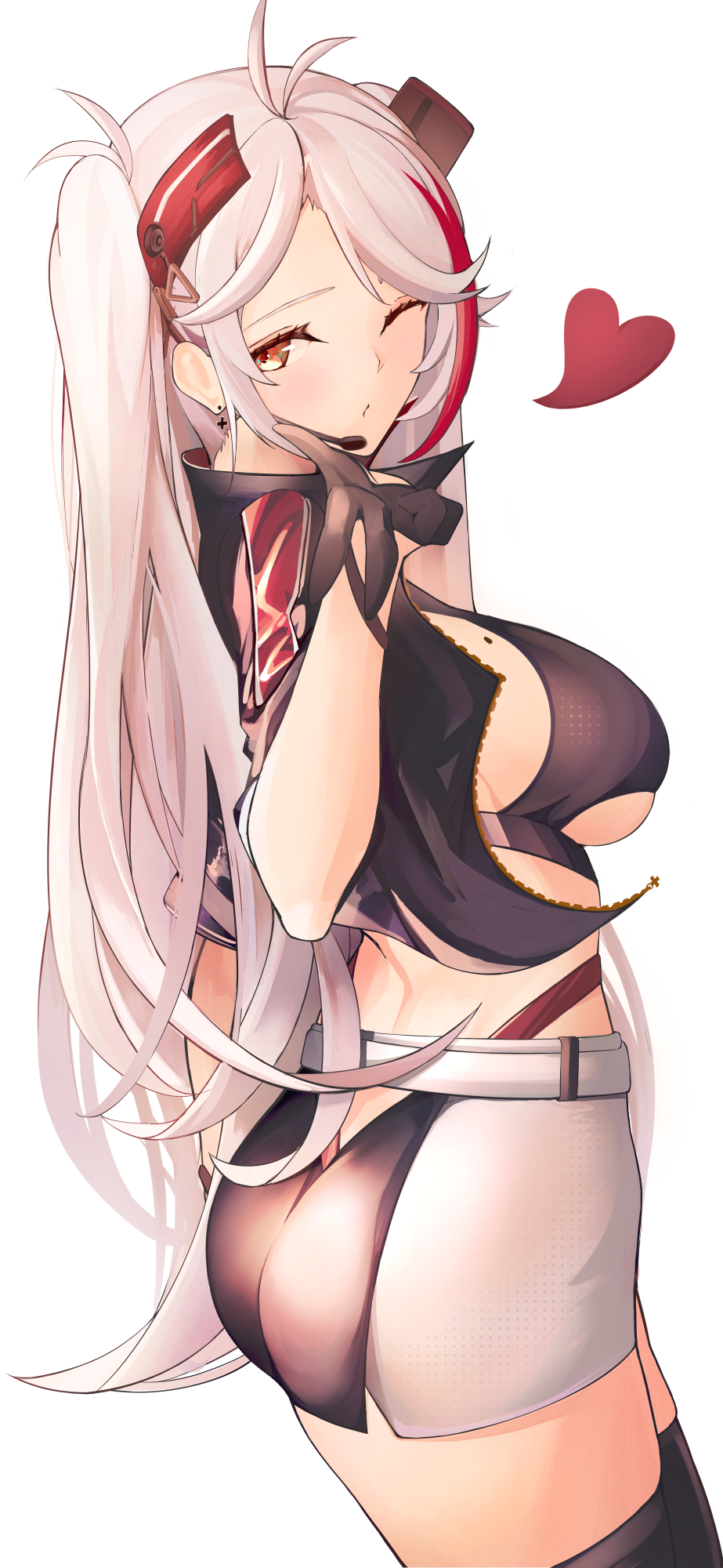 1girl ass azur_lane bangs blowing_kiss breasts crop_top from_behind gloves headgear heart highres jacket large_breasts microphone mole mole_on_breast official_alternate_costume one_eye_closed parted_bangs prinz_eugen_(azur_lane) prinz_eugen_(final_lap)_(azur_lane) sideboob skirt solo thighs twintails underboob white_hair yellow_eyes yusha_m