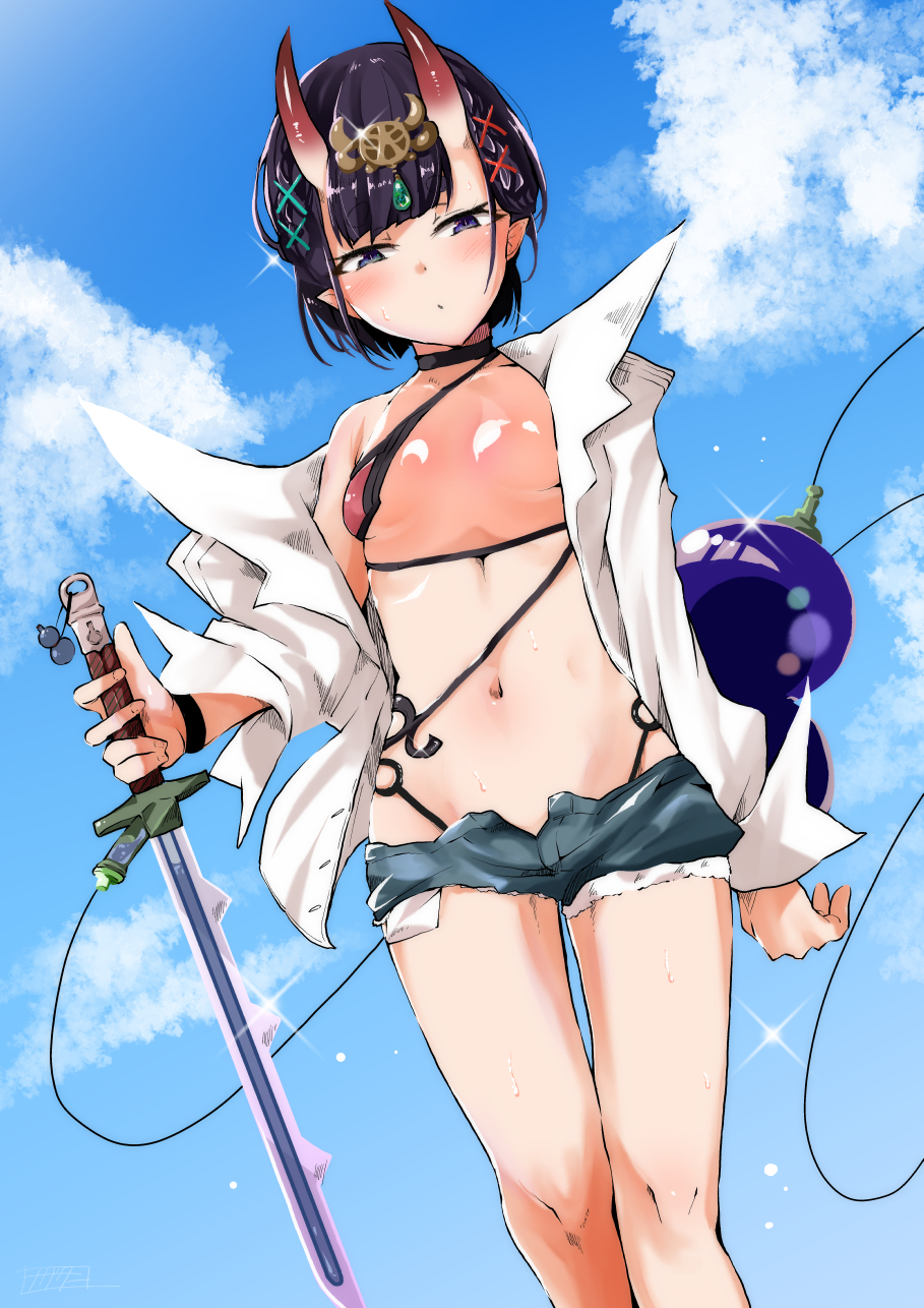 1girl bangs bare_shoulders blue_shorts blue_sky blush bob_cut breasts collarbone eyeliner fate/grand_order fate_(series) gourd headpiece highres horns long_sleeves looking_at_viewer makeup nagatani_(nagata2) navel oni oni_horns open_clothes open_mouth open_shirt pointy_ears popped_collar purple_eyes purple_hair shirt short_hair short_shorts shorts shuten_douji_(fate/grand_order) side_braids skin-covered_horns sky small_breasts swimsuit sword thighs weapon white_shirt