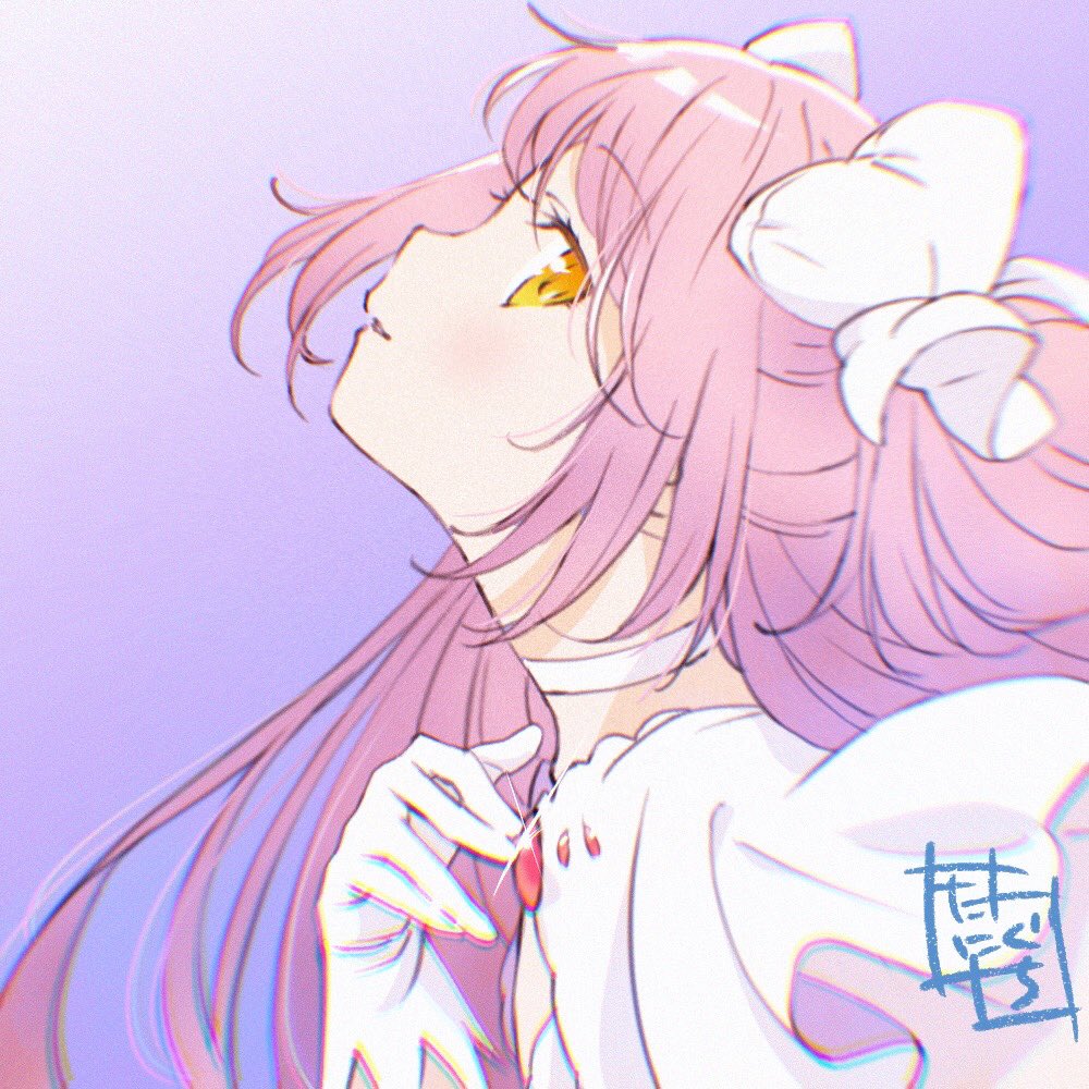1girl blurry choker chromatic_aberration close-up clothes_lift commentary_request depth_of_field eyebrows_visible_through_hair eyelashes face floating_hair from_side glint gloves gradient gradient_background hair_ribbon half-closed_eyes hand_on_own_chest hand_up head_tilt kaname_madoka light_blush light_smile long_hair looking_back mahou_shoujo_madoka_magica parted_lips pink_hair profile purple_background ribbon shaft_look shiny shiny_hair sidelocks signature simple_background solo taniguchi_jun'ichirou tareme two_side_up ultimate_madoka upper_body white_choker white_gloves white_neckwear white_ribbon wide_sleeves yellow_eyes