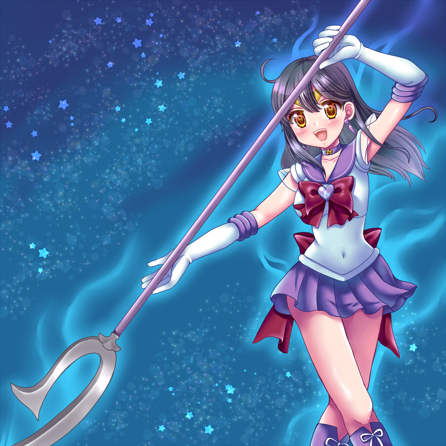 2girls ahoge aura back_bow bishoujo_senshi_sailor_moon black_hair boots bow breasts brown_eyes choker circlet cosplay earrings elbow_gloves eyebrows_visible_through_hair garnet_rod gloves hair_between_eyes holding holding_spear holding_weapon jewelry kantai_collection large_breasts long_hair multiple_girls night open_mouth polearm purple_sailor_collar red_ribbon ribbon sailor_collar sailor_saturn sailor_saturn_(cosplay) sailor_senshi sailor_senshi_uniform saturn_symbol sharasohju silence_glaive sky smile solo spear star_(sky) star_(symbol) star_choker starry_sky super_sailor_saturn ushio_(kantai_collection) weapon white_gloves