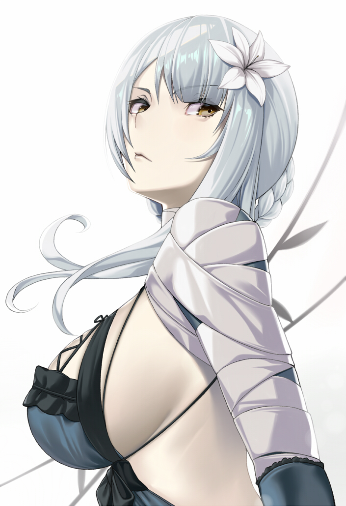 1girl bandaged_arm bandaged_neck bandages braid breasts brown_eyes closed_mouth eyebrows_visible_through_hair flower from_side hair_flower hair_ornament kaine_(nier) large_breasts lingerie looking_to_the_side nier nier_(series) pale_skin sideboob silver_hair takanashi-a underwear white_background