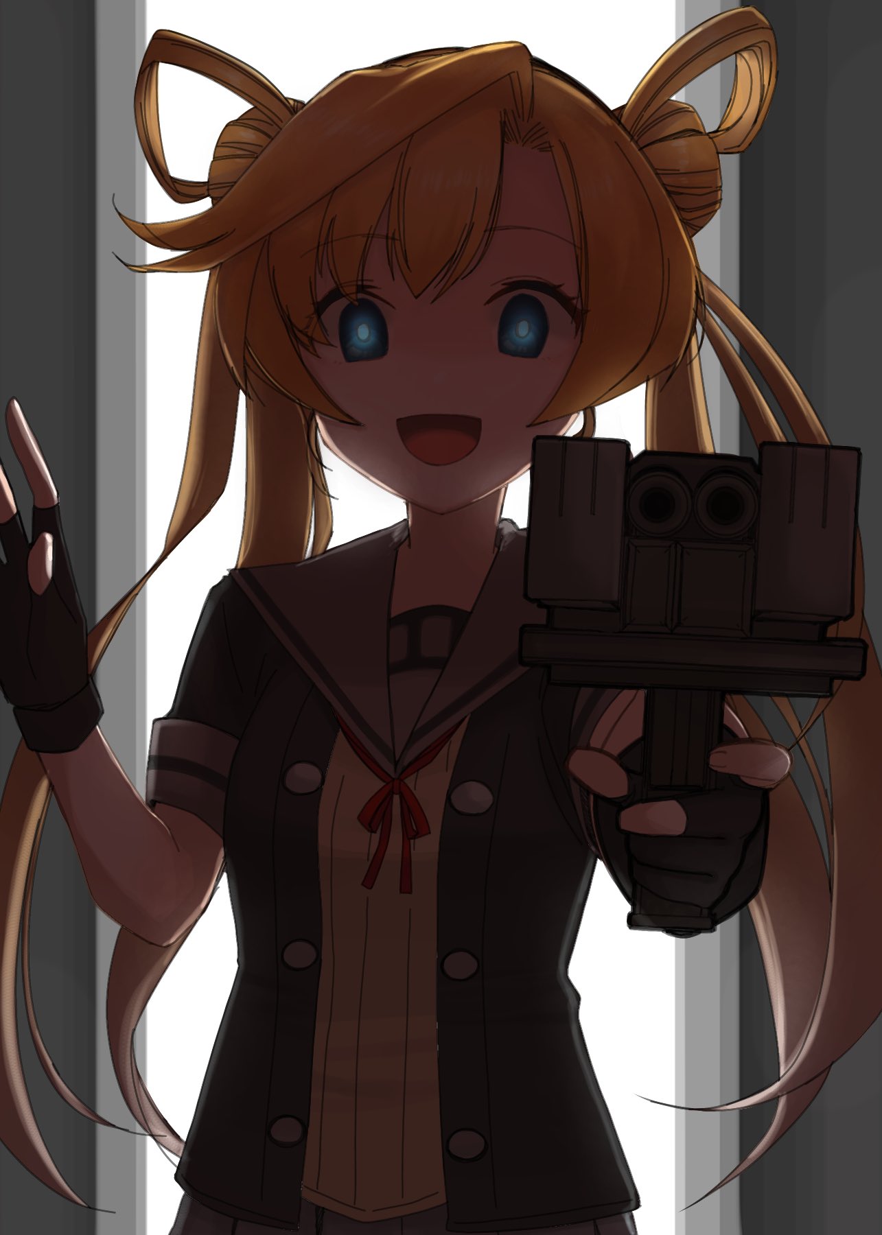 1girl abukuma_(kantai_collection) aiming aiming_at_viewer bangs black_gloves black_jacket blonde_hair blue_eyes bobokuboboku cannon commentary_request double_bun gloves grey_sailor_collar hair_rings highres jacket kantai_collection long_hair neck_ribbon open_clothes open_jacket open_mouth partly_fingerless_gloves red_ribbon remodel_(kantai_collection) ribbon sailor_collar school_uniform serafuku short_sleeves smile solo turret