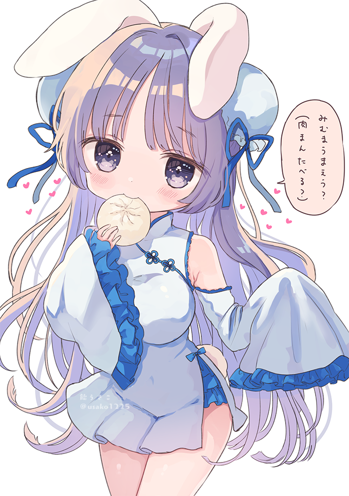 1girl ame_usako animal_ears banned_artist baozi blue_ribbon blush breasts bun_cover bunny_ears china_dress chinese_clothes commentary_request double_bun dress eating food heart holding holding_food long_hair long_sleeves looking_at_viewer medium_breasts original purple_eyes purple_hair ribbon signature simple_background sleeves_past_fingers sleeves_past_wrists solo translation_request twitter_username very_long_hair white_background white_dress wide_sleeves