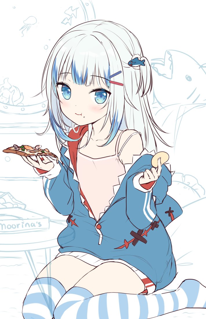 1girl :t blue_eyes blue_hoodie camisole chips eating english_commentary food gawr_gura hair_ornament hairclip hololive hololive_english hood hood_down long_hair looking_at_viewer moorina multicolored_hair pizza pizza_slice potato_chips shark_hair_ornament simple_background sitting solo streaked_hair striped striped_legwear thighhighs virtual_youtuber white_hair
