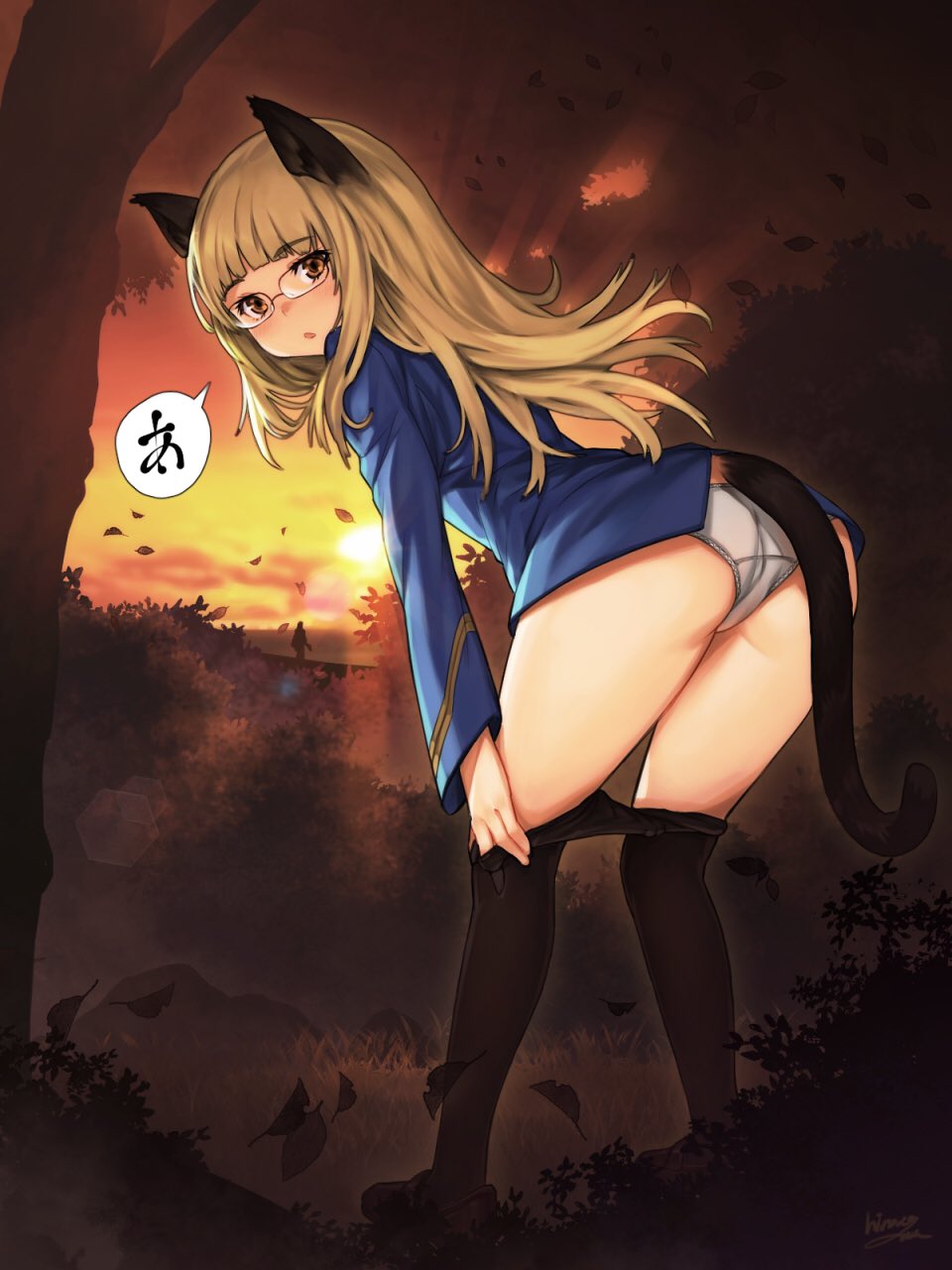 1girl :o animal_ears ass black_tail blonde_hair blush brown_eyes cat_ears cat_tail forest glasses glasses_day highres hirosegawa_narumi leaves_in_wind light_beam long_hair looking_at_viewer looking_back md5_mismatch nature outdoors panties pantyhose pantyhose_pull perrine_h_clostermann signature sky solo speech_bubble strike_witches tail thighs underwear white_panties world_witches_series