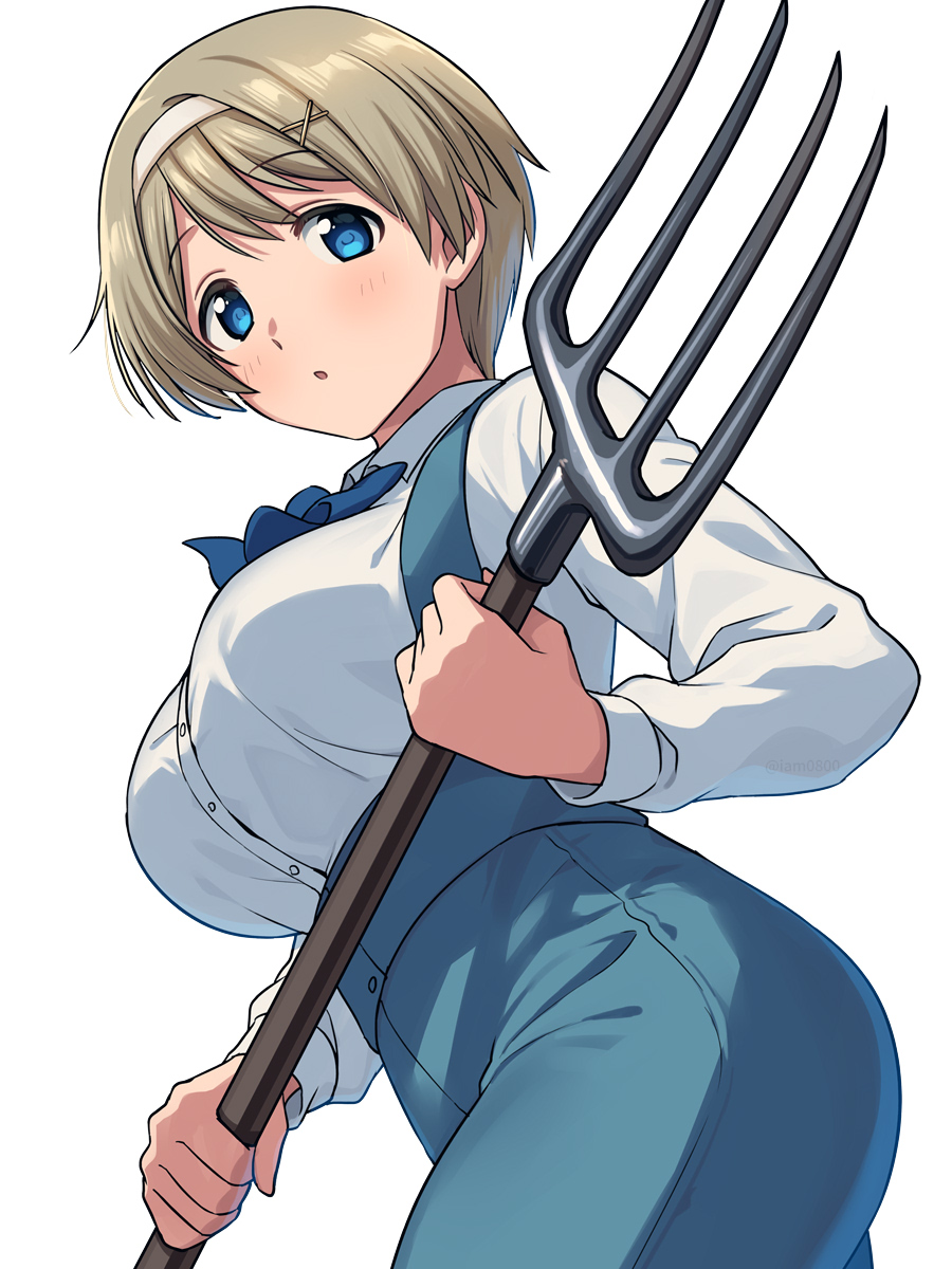 1girl :o axis_powers_hetalia bangs blonde_hair blue_eyes blue_ribbon blush breasts buttons collared_shirt commentary_request dress_shirt eyebrows_visible_through_hair from_side hair_ornament hairband highres holding holding_pitchfork huge_breasts long_sleeves looking_at_viewer pitchfork ribbon sayshownen shirt short_hair simple_background solo ukraine_(hetalia) white_background white_hairband x_hair_ornament