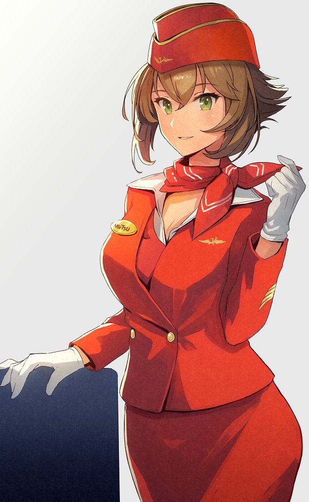 1girl alternate_costume brown_hair flight_attendant flipped_hair formal garrison_cap gloves green_eyes hat kantai_collection kasumi_(skchkko) long_sleeves looking_at_viewer mutsu_(kantai_collection) pencil_skirt red_scarf red_shirt red_skirt red_suit scarf shirt short_hair skirt skirt_suit smile solo stewardess suit uniform white_gloves