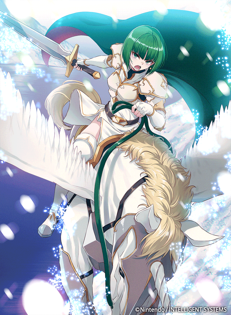 1girl 40hara angry cape deet'var dress earrings fire_emblem fire_emblem:_genealogy_of_the_holy_war fire_emblem_cipher green_cape green_eyes green_hair highres jewelry light_particles official_art open_mouth pegasus pegasus_knight sword thighhighs weapon white_armor white_dress