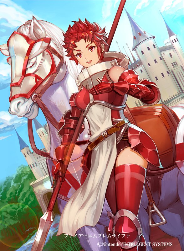 1girl armored_boots bare_shoulders boots castle cherokee_(1021tonii) fire_emblem fire_emblem_awakening fire_emblem_cipher forest gauntlets horse nature official_art outdoors polearm red_armor red_eyes red_hair short_hair spear sully_(fire_emblem) thighhighs weapon