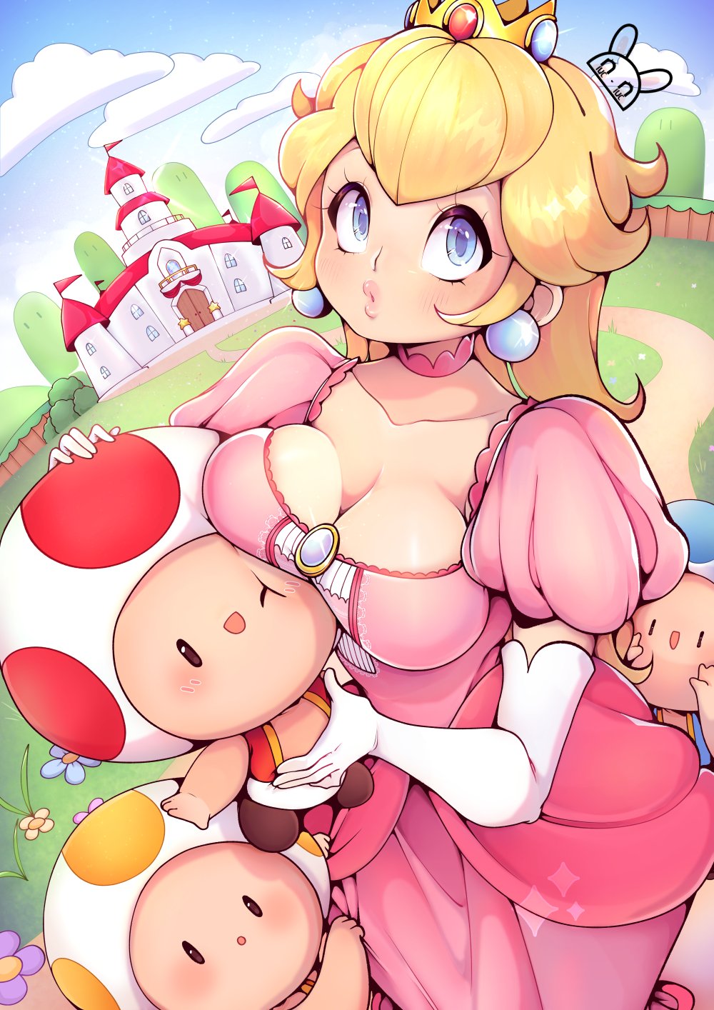 1girl blonde_hair blue_eyes blue_sky breasts castle crown dress elbow_gloves eyelashes gloves highres looking_at_viewer mario_(series) medium_breasts mini_crown niucniuc o3o pink_dress princess_peach sky standing toad white_gloves