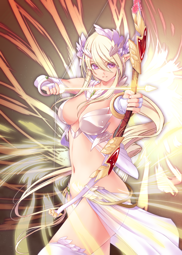 1girl aiming armlet armor arrow_(projectile) bangs bare_shoulders bikini_armor blonde_hair bow_(weapon) breasts cleavage closed_mouth commentary_request cowboy_shot elbow_gloves elf eyebrows_visible_through_hair gloves hair_between_eyes headgear holding holding_arrow holding_bow_(weapon) holding_weapon kirishima_satoshi large_breasts long_hair looking_at_viewer midriff navel original partly_fingerless_gloves pointy_ears purple_eyes revealing_clothes sidelocks skindentation solo standing thighhighs very_long_hair waist_cape weapon white_armor white_gloves white_legwear