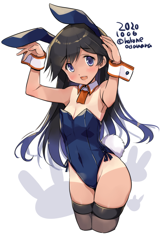 1girl adapted_costume animal_ears black_hair black_legwear blue_eyes blue_leotard bunny_ears bunny_pose bunny_tail cowboy_shot cropped_legs dated detached_collar i-400_(kantai_collection) kantai_collection leotard looking_at_viewer odawara_hakone one-piece_tan orange_neckwear pantyhose playboy_bunny simple_background solo strapless strapless_leotard tail tan tanline thighhighs twitter_username white_background wrist_cuffs