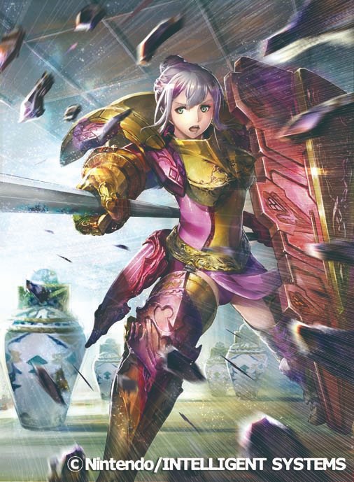 1girl armor armored_boots bangs boots effie_(fire_emblem) fire_emblem fire_emblem_cipher fire_emblem_fates gold_armor green_eyes grey_hair hair_bun holding holding_weapon indoors momose_hisashi official_art pink_armor polearm shield shoulder_armor spear weapon