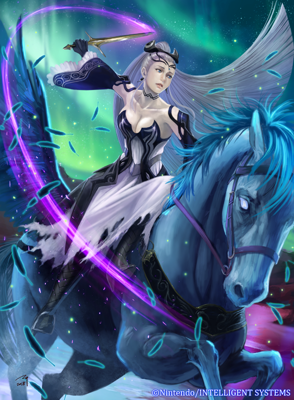 1girl aurora bare_shoulders black_dress blue_eyes boots breasts choker circlet cleavage dress earrings eir_(fire_emblem) fire_emblem fire_emblem:_three_houses fire_emblem_cipher fire_emblem_heroes gloves hair_ornament holding holding_weapon horse ippei_soeda jewelry knife long_hair night night_sky official_art pale_skin ponytail sky slashing torn_clothes torn_dress weapon white_dress white_hair wide_sleeves