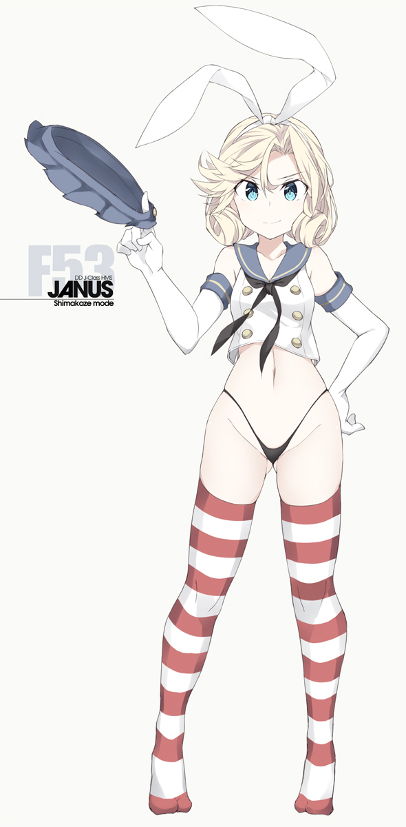 &gt;:) 1girl ass_visible_through_thighs black_neckwear black_panties blonde_hair blue_eyes blue_sailor_collar blue_skirt character_name collarbone cosplay crop_top elbow_gloves eyebrows_visible_through_hair full_body gloves grey_background groin highleg highleg_panties highres janus_(kantai_collection) kantai_collection miniskirt navel neckerchief panties pleated_skirt sailor_collar school_uniform serafuku shimakaze_(kantai_collection) shimakaze_(kantai_collection)_(cosplay) short_hair simple_background skirt skirt_removed smile solo souji striped striped_legwear thighhighs underwear v-shaped_eyebrows white_gloves