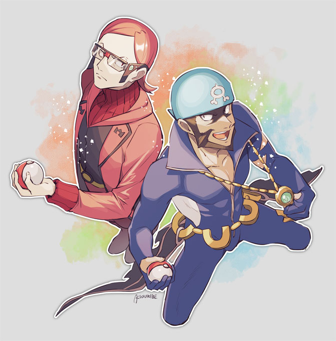 2boys archie_(pokemon) brown_hair closed_mouth commentary_request facial_hair glasses holding holding_poke_ball jewelry kusuribe long_sleeves male_focus maxie_(pokemon) multiple_boys necklace open_mouth orange_hair poke_ball poke_ball_(basic) pokemon pokemon_(game) pokemon_oras sideways_glance signature smile teeth tongue