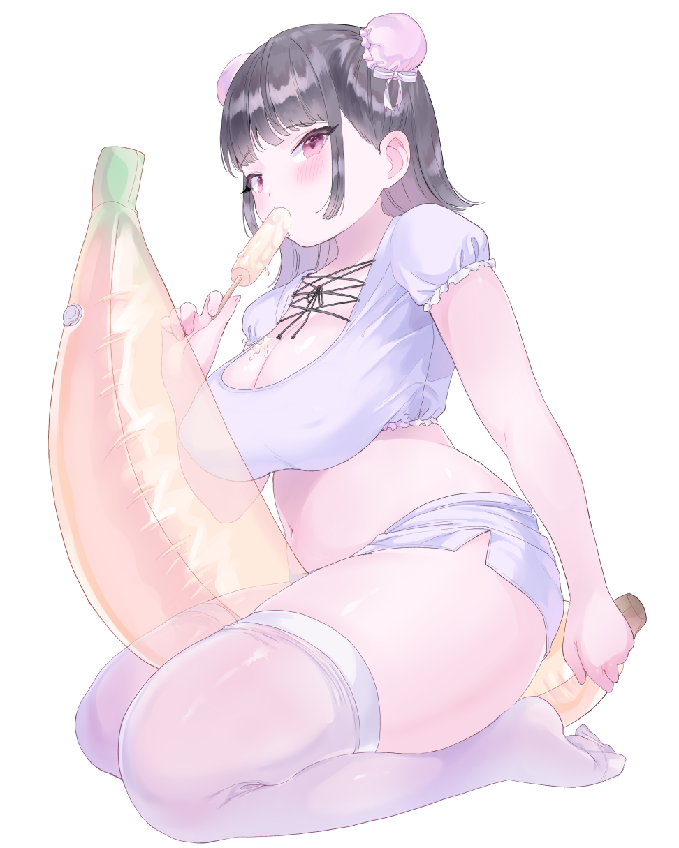 1girl banana bangs between_thighs black_hair blunt_bangs blush breasts cleavage commentary_request covered_nipples crop_top double_bun eating eyebrows_visible_through_hair feet food fruit highres holding holding_food inflatable_toy large_breasts looking_at_viewer navel original plump popsicle purple_eyes purple_legwear purple_shirt purple_shorts see-through shirt short_shorts short_sleeves shorts simple_background sitting sleepwear straddling thick_thighs thighs ushinomiya wariza white_background