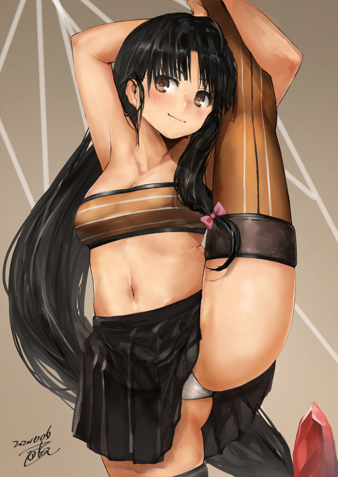 1girl arms_up bandeau bangs black_hair black_skirt blush bow breasts brown_eyes brown_legwear dated hair_bow kantai_collection leg_lift leg_up long_hair low-tied_long_hair medium_breasts midriff navel panties pleated_skirt shouhou_(kantai_collection) signature simple_background skirt sleeveless smile solo split standing standing_on_one_leg standing_split thighhighs toka_(marchlizard) underwear very_long_hair white_panties