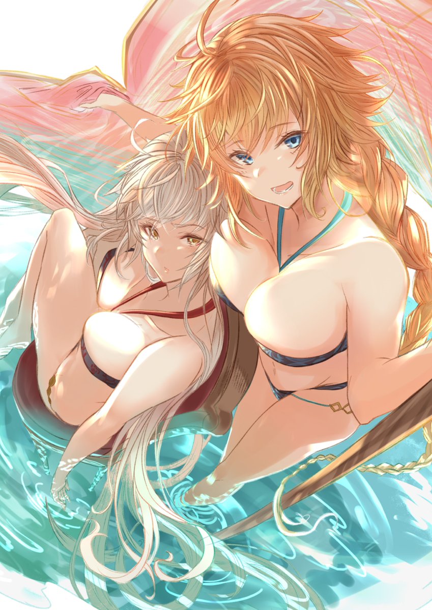 ahoge bangs bare_shoulders bikini black_bikini blonde_hair blue_bikini blue_eyes blush braid breasts cleavage collarbone fate/apocrypha fate/grand_order fate_(series) highres jeanne_d'arc_(alter)_(fate) jeanne_d'arc_(fate) jeanne_d'arc_(fate)_(all) large_breasts long_hair looking_at_viewer navel open_mouth silver_hair single_braid smile swimsuit thighs very_long_hair water yatsuka_(846) yellow_eyes