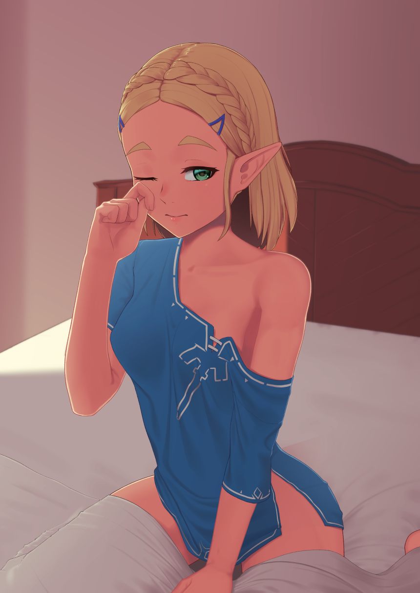 1girl aqua_eyes bed_frame bed_sheet blanket blonde_hair blue_shirt blush braid breasts closed_mouth collarbone cosplay crown_braid forehead hair_ornament hairclip hand_up highres link link_(cosplay) looking_at_viewer no_pants off_shoulder on_bed pointy_ears princess_zelda putchers shirt short_hair short_sleeves single_bare_shoulder sitting small_breasts solo the_legend_of_zelda the_legend_of_zelda:_breath_of_the_wild the_legend_of_zelda:_breath_of_the_wild_2 thick_eyebrows wariza wiping_face