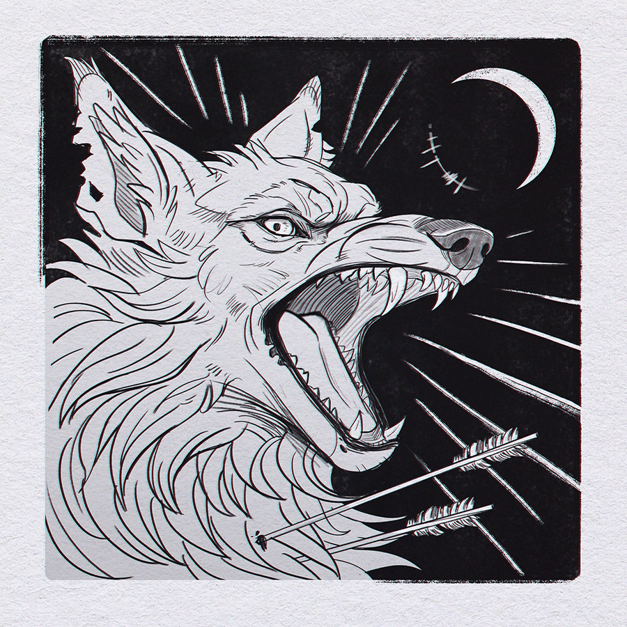 1:1 2020 arrow canid canine canis feral headshot_portrait male mammal moon open_mouth portrait teeth tongue traditional_media_(artwork) wolf x-zelfa