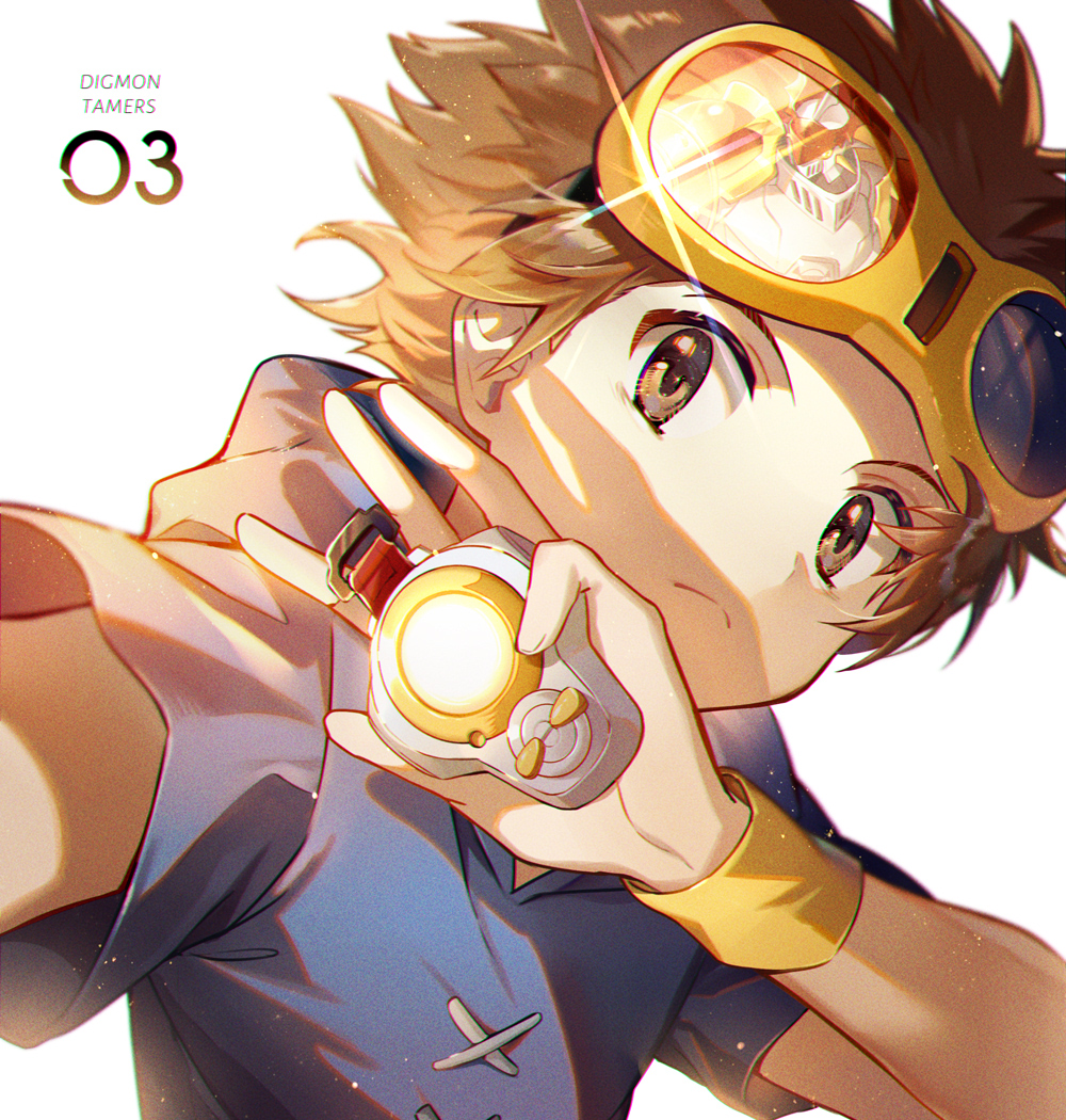 1boy blue_hoodie brown_eyes brown_hair character_request closed_eyes copyright_name cross-laced_clothes digimon digimon_tamers ekita_xuan frown glint glowing goggles goggles_on_head holding hood hood_down light_particles looking_at_viewer male_focus matsuda_takato number reaching_out reflection short_sleeves simple_background solo upper_body white_background wristband